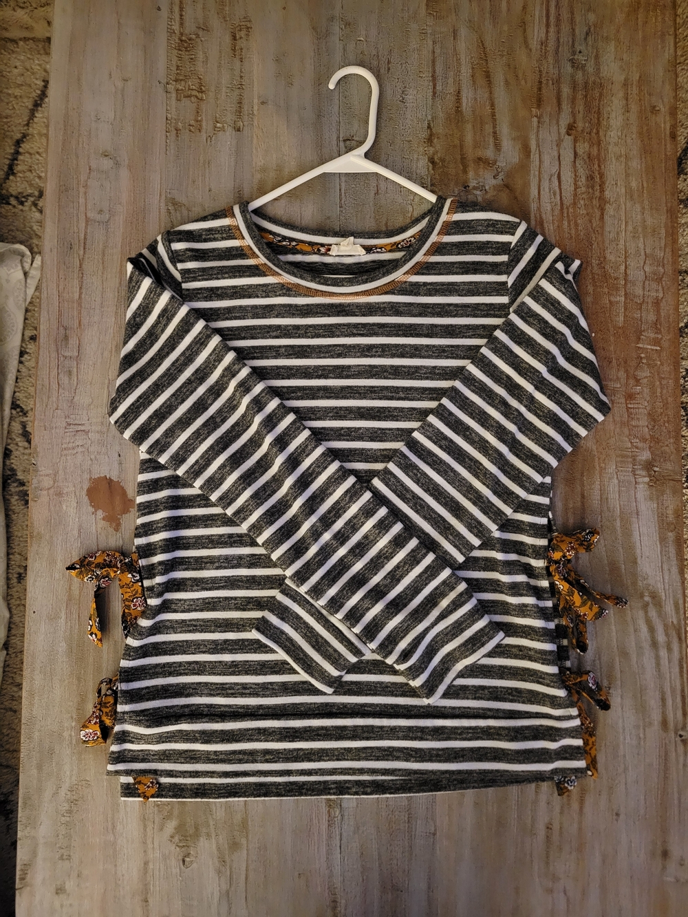 Hem & Thread Black and White Striped Long Sleeve Top with Mustard Floral Ties